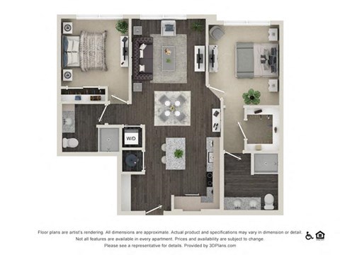 Floor plan for 2 beds, 2 baths, 1039 sqft